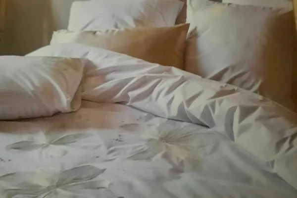 Parure de lit brodée sur fond blanc, envers imprimé de fines rayures.
