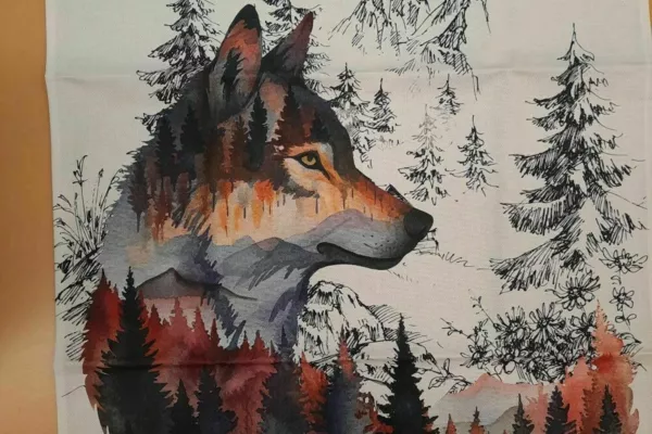 linge vaisselle coton .loup dans la forêt.